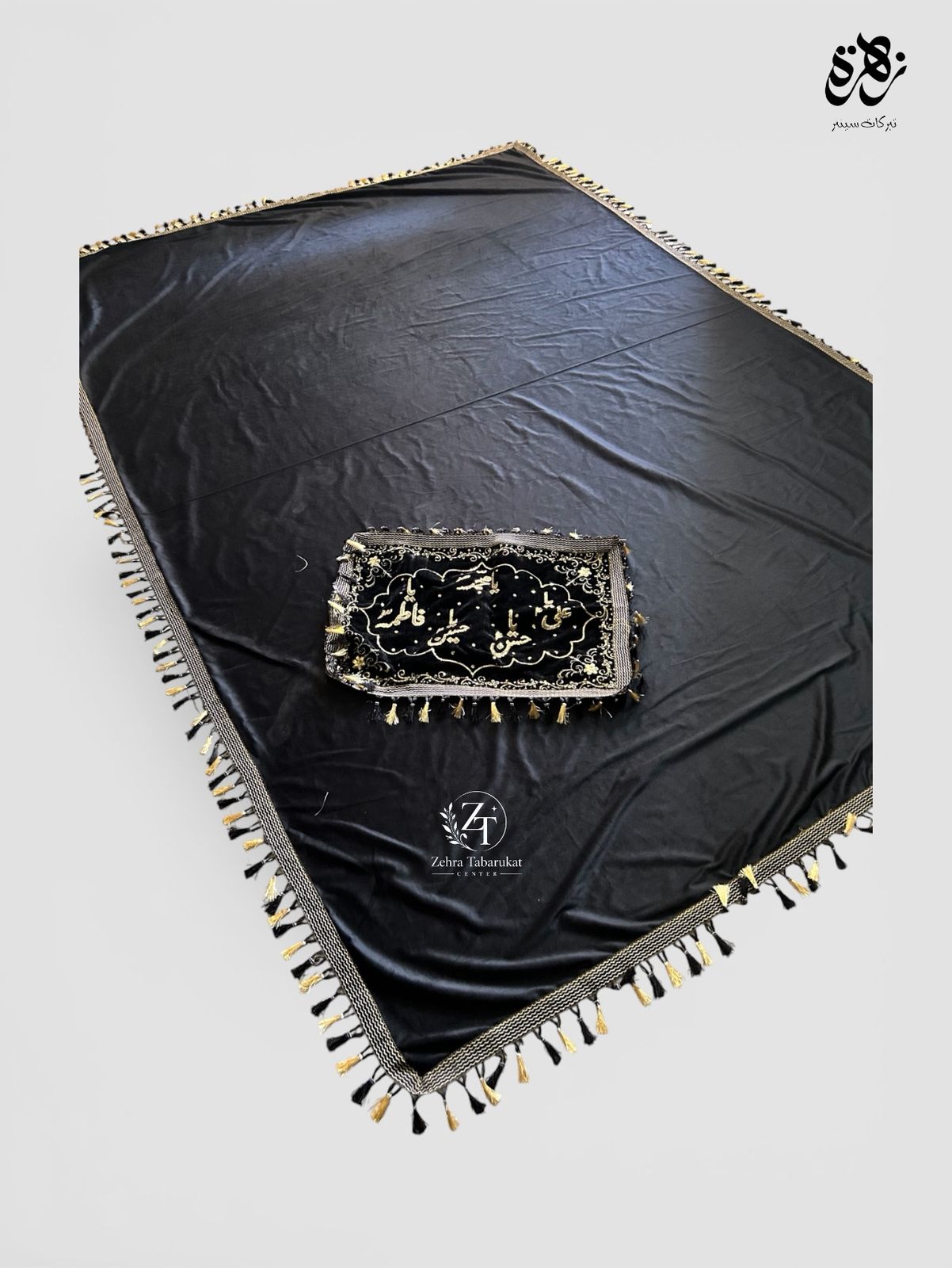 Farsh e Aza Pillow Gilaf with Punjatan Names Black Velvet Pillow and Chadar Sequence Work and Golden bail