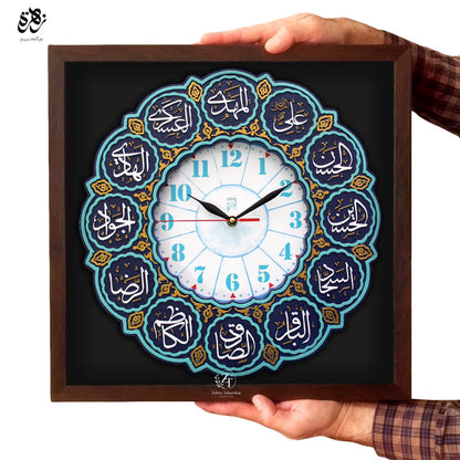 Stunning Handmade Wall Clock Featuring the Sacred Names of the 12 Imams.