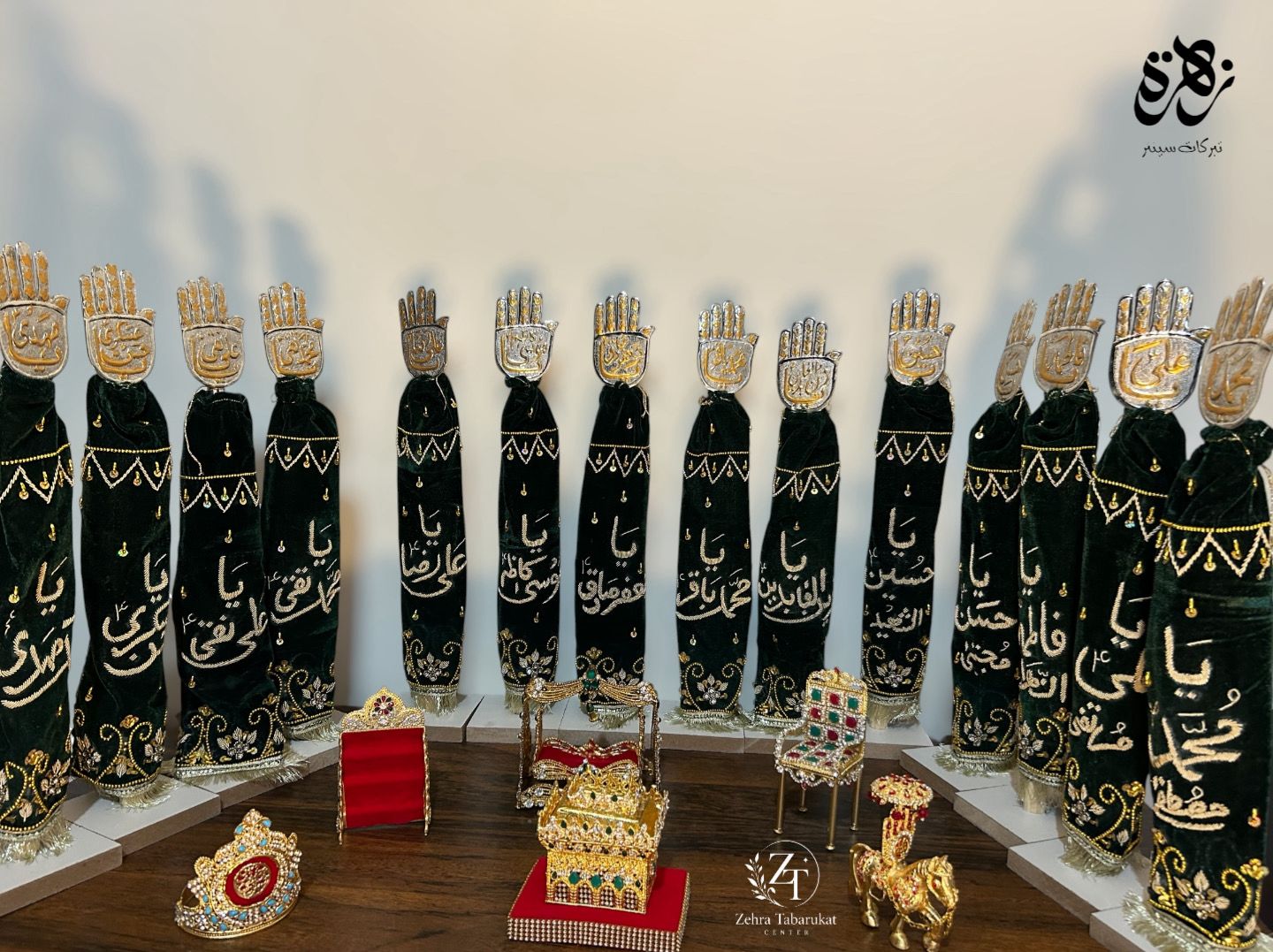 14 Masomeen (as) Hazrat Abbas (as) Azakhana Dard Green Velvet Patkay and Petal Work Panja