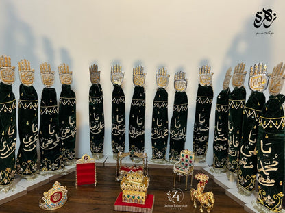14 Masomeen (as) Hazrat Abbas (as) Azakhana Dard Green Velvet Patkay and Petal Work Panja