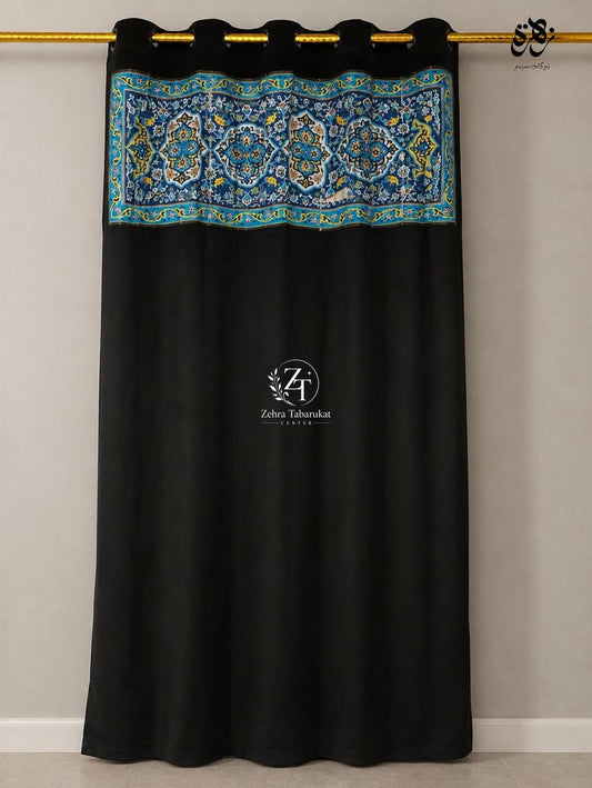 This black velvet curtain features Mashhad iran imam reza holly shrine mosque tiles Design Curtains